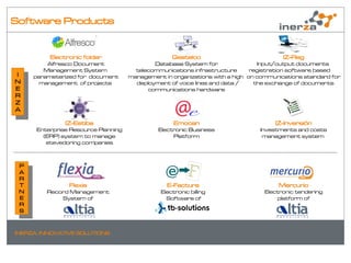 Software Products


           Electronic folder                       Gestelco                             IZ-Reg
          Alfresco Document                  Database System for                Input/output documents
         Management System             telecommunications infrastructure      registration software based
I     parameterized for document     management in organizations with a high on communications standard for
NI      management of projects         deployment of voice lines and data /    the exchange of documents
EN                                         communications hardware
RE
ZR
AZ
  A
                IZ-Estiba                           Emocan                           IZ-Inversión
      Enterprise Resource Planning            Electronic Business               Investments and costs
        (ERP) system to manage                     Platform                      management system
         stevedoring companies



 P
 AP
 RA
 TR              Flexia                          E-Factura                            Mercurio
 NT       Record Management                    Electronic billing                Electronic tendering
 EN           System of                          Software of                         platform of
 RE
 SR
  S


INERZA. INNOVATIVE SOLUTIONS
 