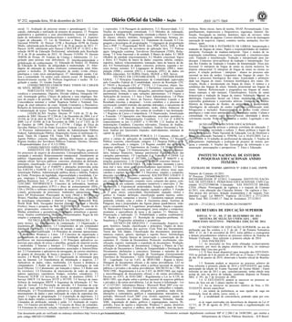 3

Nº 252, segunda-feira, 30 de dezembro de 2013
social; 11. Avaliação do processo ensino e aprendizagem; 12. Concepção, elaboração e realização de projetos de pesquisa; 13. Pesquisa
quantitativa e qualitativa e seus procedimentos; Leitura e interpretação de indicadores sócioeducacionais e econômicos; 14. Aspectos
Legais da educação; 15. Lei de Diretrizes e Bases da Educação
Nacional 9394/96. 16. Parecer 15/98 e Resolução 03/98 do Ensino
Médio, substituída pela Resolução Nº 2, de 30 de janeiro de 2012. 17.
Parecer 16/99, substituído pelo Parecer CNE/CEB Nº 11/2012 e Resolução 04/99 da Educação Profissional, substituída pela Resolução
Nº 6, de 20 de setembro de 2012. 18. Decreto 5154/04; 19. Decreto
5840/06 do Proeja; 20. Estatuto da Criança e Adolescente; 21. Legislação para pessoas com deficiência. 22. Interdisciplinaridade e
globalização do conhecimento. 23. Educação de Surdos. 24. História
da Educação de Surdos: da antiguidade à modernidade. 25. Abordagens da educação de surdos (oralismo, comunicação total, bilinguismo e inclusão). 26. Representações da surdez (visão clínicopatológica e visão sócio antropológica). 27. Identidades surdas. Cultura e comunidade. Os surdos como minoria social. 28. Identidade e
desenvolvimento escolar. 29. Políticas linguísticas e surdez. 30. Legislação e surdez. 31. Gestão Escolar.
CONHECIMENTO COMUM PARA TODOS OS CARGOS
DE NÍVEL MÉDIO E TÉCNICO
PORTUGUÊS NÍVEL MÉDIO: Som e fonema; Encontros
vocálicos e consonantais; Dígrafos; Divisão silábica; Ortografia Oficial; Acentuação gráfica. Classes de palavras e seus empregos. Sintaxe da oração e do período; Tipos de Subordinação e Coordenação;
Concordância nominal e verbal; Regência Verbal e Nominal; Emprego de sinal indicativo de crase. Sentido Conotativo e Denotativo;
Relações de homonímia e paronímia. Tipologia textual; Compreensão
e interpretação de textos. Noções de Semântica.
LEGISLAÇÃO: Noções: Decreto Nº 5.626 de 22 de Dezembro de 2005; Decreto Nº 5.296 de 2 de Dezembro de 2004; Lei nº
10.436, de 24 de abril de 2002; Lei nº 10.098, de 19 de Dezembro de
2000; Lei nº 10.048, de 8 de Novembro de 2000; Lei nº 7.853, de 24
de Outubro de 1989; Decreto nº 1.171/94 - Código de Ética do
Servidor Público Civil do Poder Executivo Federal; Lei nº 9.784/99 O Processo Administrativo no âmbito da Administração Pública
Federal; Administração Pública: Disposições Gerais (Constituição Federal, Título III, Capítulo VII; Título VIII, Capítulo III, Seção I).
Agente Público: conceito, função pública, atendimento ao cidadão.
Regime Jurídico dos Servidores Públicos Federais: Direitos, Deveres
e Responsabilidades (Lei nº 8.112/1990).
CONHECIMENTO ESPECÍFICO
ASSISTENTE EM ADMINISTRAÇÃO: Noções gerais sobre processos de arquivo de documentos. Correspondência comercial
(recepção e emissão). Relacionamento interpessoal. Atendimento ao
público. Organização do ambiente de trabalho. Aspectos gerais da
redação oficial. Serviços públicos: conceitos, elementos de definição,
princípios, classificação. Lei complementar nº 101/2000 - lei de responsabilidade fiscal. Lei nº 8.666/93 e alterações promovidas pelas
leis 8.883/94 e 9.648/98. Lei 8.112/90. Fundamentos Legais da Administração Pública: Administração pública direta e indireta, Poderes
da União, Princípios de legalidade, impessoalidade e moralidade, Cargos, empregos e funções públicas, Constituição Federativa da República Brasileira Arts. 37 ao 41; Arts. 205 ao 214. Lei 11.091 de
12/01/2005. INFORMÁTICA: Conceitos de informática, hardware
(memórias, processadores (CPU) e disco de armazenamento (HDs,
CDs e DVDs) e software (compactador de arquivos, chat, clientes de
e-mails, gerenciador de processos). Ambientes operacionais: Windows XP Professional. Processador de texto (Word e BrOffice.org
Writer). Planilhas eletrônicas (Excel e BrOffice.org Calc). Conceitos
de tecnologias relacionadas à Internet e Intranet, Protocolos Web,
World Wide Web, Navegador Internet (Internet Explorer e Mozilla
Firefox), busca e pesquisa na Web. MATEMÁTICA: Noções de lógica: proposições, conectivos, negação de proposições compostas.
Médias aritméticas e geométricas. Progressões aritméticas e geométricas. Analise combinatória. Matrizes e Determinantes. Regra de três
simples e composta. Juros e porcentagem.
TÉCNICO EM TECNOLOGIA DA INFORMAÇÃO: 1. Suporte técnico. 1.1 Fundamentos de computação. 1.2 Organização e
arquitetura de computadores. 1.3 Componentes de um computador
(hardware e software). 1.4 Sistemas de entrada e saída. 1.5 Sistemas
de numeração e codificação. 1.6 Princípios de sistemas operacionais.
1.7 Ambientes Windows e Linux. 1.8 Conceitos de organização e
gerenciamento de arquivos e pastas. 1.9 Instalação de programas e
periféricos em microcomputadores. 1.10 Principais aplicativos comerciais para edição de textos e planilhas, geração de material escrito
e multimídia. 2 Internet e Intranet. 2.1 Utilização de tecnologias,
ferramentas, aplicativos e procedimentos associados a Internet/Intranet. 2.2 Ferramentas e aplicativos de navegação, de correio eletrônico,
de grupos de discussão, de busca e pesquisa. 2.3 Conceitos de protocolos. 2.4 World Wide Web. 2.5 Organização de informação para
uso na Internet. 2.6 Transferência de informação e arquivos. 2.7
Aplicativos de áudio, vídeo, multimídia. 2.8 Acesso à distância a
computadores. 3 Redes de comunicação. 3.1 Tecnologias de rede
local Ethernet. 3.2 Cabeamento: par trançado e óptico. 3.3 Redes sem
fio (wireless). 3.4 Elementos de interconexão de redes de computadores (gateways, repetidores, bridges, switches, roteadores). 3.5
Protocolo TCP/IP. 3.6 Serviços de nomes de domínios (DNS). 3.7
Serviço DHCP. 3.8 Serviços HTTP e HTTPS. 3.9 Serviço de transferência de mensagens SMTP. 4 Segurança da informação. 4.1 Noções de firewall. 4.2 Prevenção de intrusão. 4.3 Sistemas de criptografia e suas aplicações. 4.4 Conceitos de proteção e segurança da
informação. 4.5 Procedimentos, aplicativos e dispositivos para armazenamento de dados e para realização de cópia de segurança (backup). 5 Lógica de programação. 5.1 Construção de algoritmos. 5.2
Tipos de dados simples e estruturados. 5.3 Variáveis e constantes. 5.4
Comandos de atribuição, entrada e saída. 5.5 Avaliação de expressões. 5.6 Funções pré-definidas. 5.7 Conceito de bloco de comandos.
5.8 Estruturas de controle, seleção, repetição e desvio. 5.9 Operadores

e expressões. 5.10 Passagem de parâmetros. 5.11 Recursividade. 5.12
Noções de programação estruturada. 5.13 Métodos de ordenação,
pesquisa e hashing. 6 Programação orientada a objetos. 6.1 Conceitos
de classes, objetos, métodos, mensagens, sobrecarga, herança, polimorfismo, interfaces e pacotes. 6.2 Tratamento de exceção. 6.3 Linguagens e tecnologias de programação. 7 Linguagens de programação
Java e PHP. 7.1 Programação WEB: Java, PHP, AJAX, XML e Web
Services. 7.2 Noções de servidores de aplicação Java. 7.3 Práticas
ágeis: Integração contínua, Test-driven Development (TDD), Refactoring. 7.4 Teste funcional e de unidade. 8 Banco de dados. 8.1 MER
(Modelo de entidade relacionamento). 8.2 Modelo conceitual, lógico
e físico. 8.3 Noções de banco de dados: esquema, tabelas, campos,
registros, índices, relacionamentos, transação, tipos de bancos de dados. 8.4 Normalização de dados: conceitos, primeira, segunda e terceira formas normais. 8.5 Linguagens de definição (DDL), manipulação (DML), controle (DCL) e transação (DTL) de dados em
SGBDs relacionais. 8.6 SGBDs Oracle, MySQL e SQL Server.
TÉCNICO EM CONTABILIDADE: 1. CONTABILIDADE
GERAL: 1.1 Princípios Fundamentais de Contabilidade (aprovados
pelo Conselho Federal de Contabilidade, através da Resolução CFC
nº 750/93 e Resolução CFC nº 774/94). 1.2 Conceitos, objeto, funções e finalidade da contabilidade. 1.3 Patrimônio: conceitos, aspecto
do patrimônio, bens, direitos, obrigações, patrimônio líquido, equação
patrimonial, formação e suas variações patrimoniais. 1.4 Origens e
Aplicações de recursos. 1.5 Atos e Fatos Administrativos. 1.6 Plano
de Contas, contas do Ativo, do Passivo, Patrimônio Líquido e de
Resultado (receitas e despesas) - Livros contábeis e o processo de
escrituração contábil (método das partidas dobradas), o mecanismo de
débito e crédito, tipos de lançamento, razão, diário, balancete de
verificação e encerramento das contas de resultado e sua destinação.
1.7 Regimes de Caixa e Competência. 1.8 Depreciação, Amortização
e Exaustão. 1.9 Operações com Mercadorias: inventário periódico e
permanente. 1.10 Demonstrações Contábeis. 1.11 Lei nº 6.404/76
(especialmente as leis 11.638/07 e 11.941/09) 1.12 Análise de Demonstrações Contábeis; Conceitos relevantes, Técnicas de Análise,
Padronização de Demonstrações Contábeis, Análise Horizontal e Vertical, Análise por Quocientes (liquidez, endividamento, estrutura de
capital de giro).
2. CONTABILIDADE PÚBLICA: 2.1 Conceitos, objeto, objetivo e campo de aplicação da contabilidade Pública. 2.2 Receita
Pública: conceito, classificação, estágios. 2.3 Despesa Pública: conceito, classificação e estágios. 2.4 Regime contábil das receitas e
despesas públicas. 2.5 Suprimentos de Fundos. 2.6 Dívida Pública.
2.7 Restos a Pagar. 2.8 Demonstrações Contábeis: balanço orçamentário, balanço financeiro, balanço patrimonial e demonstração das
variações patrimoniais. 2.9 Legislação (Lei Federal n° 4.320/64, Lei
Complementar Federal nº 101/2000, Lei Federal nº 8666/93 e alterações posteriores). 2.10 Orçamento Público: conceitos básicos. 3.
MATEMÁTICA FINANCEIRA: 3.1 Juros simples: montante e juros;
taxa real e taxa; taxas equivalentes; capitais equivalentes. 3.2 Juros
compostos: montante e juros; taxa real e taxa efetiva; taxas equivalentes e capitais equivalentes. 3.3 Descontos: simples e composto;
desconto racional e desconto comercial. RACIOCÍNIO LÓGICO E
MATEMÁTICA: 1. Conjuntos: operações, número de elementos de
um conjunto, subconjunto, conjunto vazio, conjunto das partes, complementar de um conjunto, conjuntos numéricos e intervalos. 2. Determinantes. 3. Exponencial: propriedades, função e equação. 4. Função de 1º grau: raiz, coeficiente angular, equação e gráfico. 5. Função
de 2º grau: raízes, concavidade, discriminante, equação, vértice e
gráfico. 6. Função: definição; classificação quanto injetora, sobrejetora e bijetora; composta; e inversa. 7. Geometria espacial: prisma,
pirâmide, cilindro, cone e esfera. 8. Geometria plana: Teorema de
Pitágoras; área e propriedades das figuras planas quadriláteros, triângulo e circunferência. 9. Logaritmos: propriedades, função e equação.
10. Matemática Financeira: porcentagem; juros simples e compostos;
montante; e equivalência de taxas e de capitais. 11. Matrizes. 12.
Potenciação e radiciação. 13. Probabilidade e análise combinatória.
14. Razão e proporção. 15. Resolução de situações-problema. 16.
Sequência e Progressões aritmética e geométrica.
TÉCNICO EM ARQUIVO: I - Conceituação: Arquivos: origem, histórico, função, classificação e princípios; Órgãos de documentação: características dos acervos; Ciclo Vital dos Documentos:
Teoria das Três Idades; Classificação dos documentos: princípios,
natureza, espécie, gênero, tipologia e suporte físico; Terminologia
Arquivística; Noções básicas de preservação e conservação de documentos. II - Gestão de Documentos: Protocolo: recebimento, classificação, registro, tramitação e expedição de documentos; Produção,
utilização e destinação de documentos; Códigos e Planos de Classificação de Documentos e Tabelas de Temporalidade e Destinação de
Documentos (definições e conceitos); Sistemas e métodos de arquivamento; Noções de Aplicação de Tecnologias (Gerenciamento
Eletrônico de Documentos - GED, Digitalização e Microfilmagem).
III - Legislação: Lei no 5.433, de 08/05/1968 - Regula a microfilmagem de documentos oficiais e dá outras providências. LEI no
8.159, de 08/01/1991 - Dispõe sobre a política nacional de arquivos
públicos e privados e dá outras providências. DECRETO no 1.799, de
30/01/1996 - Regulamenta a Lei no 5.433, de 08/05/1968, que regula
a microfilmagem de documentos oficiais e dá outras providências.
Decreto no 4.073, de 03/01/2002 - Regulamenta a Lei no 8.159, de
08/01/1991, que dispõe sobre a política nacional de arquivos públicos
e privados e dá outras providências, Lei de Acesso à Informação - Lei
nº 12.527/2011. Informática Básica - Microsoft Word 2007 e/ou versões superiores: edição e formatação de textos, cabeçalhos e rodapés,
parágrafos, fontes, impressão, ortografia e gramática, mala direta,
alterações e comentários, gráficos e organogramas, marcadores, hiperlinks. Microsoft Excel 2007 e/ou versões superiores: pastas de
trabalho, conceitos de células, linhas, colunas, fórmulas, função,
XML, importação de dados, gráficos e organogramas, macros, Hiperlinks, Faixa de opções e impressão. Windows 7: pastas, diretórios
e subdiretórios, arquivos e atalhos, área de trabalho, área de trans-

DA
TE
AN
SIN
AS
DE
AR
PL
EM
EX

Este documento pode ser verificado no endereço eletrônico http://www.in.gov.br/autenticidade.html,
pelo código 00032013123000089

ferência. Menu iniciar, barra de tarefas, SNAP, Personalização, Compartilhamento, Impressoras e Dispositivos, segurança. Internet: Definição, Navegação na internet, domínios, tipos de serviços, redes
sociais, impressão de páginas. Correio eletrônico: envio de mensagens
(anexação de arquivos, cópias), contatos, tarefas, anotações, lixo eletrônico, spam.
TRADUTOR E INTÉRPRETE DE LIBRAS: Interpretação e
tradução de línguas de sinais: Papéis e responsabilidades do tradutorintérprete. Formação do tradutor-intérprete. Tipos e modos de interpretação (simultânea, consecutiva, sussurrada e cinestésico-espacial). Tradução e transliteração. Tradução e interpretação para surdocegos. Contextos sócio-políticos de tradução e interpretação. Teorias dos Estudos da Tradução e Estudos da Interpretação. Ética profissional. O intérprete de língua de sinais na escola inclusiva. Intérprete educacional. O intérprete de língua de sinais no ensino superior; A relação professor / intérprete / alunos no processo educacional na área da surdez; Linguística das línguas de sinais: Estrutura e processos fonológicos dos sinais. Iconicidade e arbitrariedade nas línguas de sinais. Estrutura morfológica dos sinais. Derivação, flexão e incorporação em língua de sinais. A sintaxe e a
semântica das línguas de sinais. Sistema pronominal nas línguas de
sinais. Tadoma. Referenciação e pragmática nas línguas de sinais.
Sinais manuais e não manuais. Classificadores. Escrita de sinais
(transcrição e tradução de língua de sinais). Soletração Manual ou
datilologia; Expressões faciais em Libras: modulações dos sinais,
expressões gramaticais e expressões afetivas. Educação de Surdos:
História da Educação de Surdos: da antiguidade à modernidade.
Abordagens da educação de surdos (oralismo, comunicação total,
bilinguismo e inclusão). Representações da surdez (visão clínicopatológica e visão sócio antropológica). Identidades surdas. Cultura e
comunidade. Os surdos como minoria social. Identidade e desenvolvimento escolar. Políticas linguísticas e surdez. Legislação e surdez.
AUXILIAR EM ASSUNTOS EDUCACIONAIS:
1. Concepções teóricas e práticas correlatas de educação. 2.
Relação educação, sociedade e cultura. 3. Bases políticas e legais da
educação brasileira: Plano Nacional de Educação, Lei de Diretrizes e
Bases da Educação Nacional n. 9394/96; Lei n 10.635/2003; Lei n.
11.645/2008. 4. O trabalho do profissional da educação. 5. Noções de
Planejamento, implantação e avaliação de projetos de ensino, pesquisa e extensão. 6. Noções das Tecnologias da informação e comunicação: preocupações e perspectivas. 7. Ética e Educação.

AL
N

IO
C

SA
N

RE
P

IM

89

ISSN 1677-7069

NA

INSTITUTO NACIONAL DE ESTUDOS
E PESQUISAS EDUCACIONAIS ANÍSIO
TEIXEIRA

EXTRATO DE TERMO ADITIVO Nº 2/2013 UASG 153978
Número do Contrato: 61/2011.
Nº Processo: 23036002846201133.
INEXIGIBILIDADE Nº 22/2011. Contratante: INSTITUTO NACIONAL DE ESTUDOS E -PESQUISAS EDUCACIONAIS. CNPJ Contratado: 01127357000106. Contratado : SAS INSTITUTE BRASIL
LTDA -Objeto: Prorrogação da vigência e o reajuste do Contrato
61/2011, com alteração das Cláusulas Sétima - Da vigência e Dez Dos preços dos serviços, dotação orçamentária e do reajuste. Fundamento Legal: Lei 8666/93. Vigência: 28/12/2013 a 27/12/2014.
Valor Total: R$1.214.685,17. Data de Assinatura: 27/12/2013.
(SICON - 27/12/2013) 153978-26290-2013NE800797

SECRETARIA DE EDUCAÇÃO SUPERIOR
EDITAL N o 13 , DE 27 DE DEZEMBRO DE 2013
SISTEMA DE SELEÇÃO UNIFICADA - SISU
PROCESSO SELETIVO - PRIMEIRA EDIÇÃO DE 2014

O SECRETÁRIO DE EDUCAÇÃO SUPERIOR, no uso da
atribuição que lhe confere o § 2º do art. 2º da Portaria Normativa
º 21, de 5 de novembro de 2012, torna público o cronograma
MEC n
e demais procedimentos relativos ao processo seletivo do Sistema de
Seleção Unificada - Sisu referente à primeira edição de 2014.
1. DAS INSCRIÇÕES
1.1. As inscrições no Sisu serão efetuadas exclusivamente
pela internet, por meio da página eletrônica do Sisu, no endereço
eletrônico http://sisu.mec.gov.br.
1.2. O Sisu ficará disponível para inscrição dos ESTUDANTES no período de 6 de janeiro de 2014 até as 23 horas e 59 minutos
do dia 10 de janeiro de 2014, observado o horário oficial de BrasíliaDF.
1.3. Somente poderá se inscrever no processo seletivo do
Sisu referente à primeira edição de 2014 o ESTUDANTE que tenha
participado da edição do Exame Nacional do Ensino Médio - Enem
referente ao ano de 2013 e que, cumulativamente, tenha obtido nota
acima de zero na prova de redação, conforme disposto na Portaria
MEC nº 391, de 7 de fevereiro de 2002.
1.4. O ESTUDANTE poderá se inscrever no processo seletivo do Sisu em até 2 (duas) opções de vaga.
1.5. Ao se inscrever no processo seletivo do Sisu, o ESTUDANTE deverá especificar:
I - em ordem de preferência, as suas opções de vaga em
instituição, local de oferta, curso, turno; e
II - a modalidade de concorrência, podendo optar por concorrer:
a) às vagas reservadas em decorrência do disposto na Lei no
12.711, de 29 de agosto de 2012, observada a regulamentação em
vigor;

Documento assinado digitalmente conforme MP n o 2.200-2 de 24/08/2001, que institui a
Infraestrutura de Chaves Públicas Brasileira - ICP-Brasil.

 