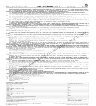 3

Nº 252, segunda-feira, 30 de dezembro de 2013

79

ISSN 1677-7069

14.8. Para a realização da prova de desempenho didático o candidato deverá apresentar Plano de Aula, sobre o tema a ser ministrado, em 04 (quatro) vias de igual teor devidamente datadas e assinadas.
14.8.1. Os temas para elaboração do plano de aula serão sorteados em sessão pública, com base no conteúdo programático, em data e local a serem divulgados no endereço eletrônico www.magnusconcursos.com.br. O candidato que não comparecer ao sorteio poderá consultar o tema sorteado através do endereço eletrônico www.magnusconcursos.com.br.
14.8.2. Será impedido de realizar a prova de desempenho didático e eliminado do Concurso Público o candidato que elaborar plano de aula com tema diferente do determinado no sorteio público.
14.9. O candidato que não apresentar o plano de aula não poderá ministrar a mesma, e será automaticamente eliminado do Concurso Público.
14.10. Para a prova de desempenho didático a Magnus Auditores e Consultores Associados disponibilizará os seguintes materiais: data show, quadro de giz e giz branco e colorido ou quadro branco e
caneta.
14.11. Durante a realização da prova de desempenho didático, as estratégias de aula serão simuladas e algumas poderão ser descritas para a Banca Examinadora.
14.12. Durante a simulação das estratégias de aula a Banca Examinadora não poderá ser solicitada a interagir.
14.13. A prova terá como objetivo avaliar a capacidade do candidato quanto aos procedimentos didáticos, ao domínio e ao conhecimento do assunto abordado, o plano de aula apresentado, o conteúdo, o nível,
a adequação e a qualidade da exposição, a propriedade na utilização dos recursos didáticos e às condições para o desempenho das atividades docentes.
14.14. A prova de desempenho didático será avaliada na escala de 0 (zero) a 100 (cem) pontos, sendo que o candidato deverá atingir o mínimo de 70 (setenta) pontos para ser convocado para a prova de
títulos.
14.15. Quanto ao resultado da prova de desempenho didático, caberá pedido de recurso, sem efeito suspensivo, conforme o disposto no item 19 deste Edital.
15. DA PROVA PRÁTICA PARA TRADUTOR E INTÉRPRETE DE LIBRAS
15.1. Para o cargo de TRADUTOR E INTÉRPRETE DE LÍNGUA BRASILEIRA DE SINAIS - LIBRAS, o candidato inscrito para as vagas da ampla concorrência deverá atingir a nota mínima exigida na
prova objetiva e estar classificado até o limite disposto na Tabela 15.1 para ser convocado para a prova prática, além de não ser eliminado por outros critérios estabelecidos neste Edital.
15.1.1. O candidato inscrito para as vagas reservadas para pessoa portadora de deficiência deverá atingir a nota mínima exigida na prova objetiva para ser convocado para a prova prática, além de não ser
eliminado por outros critérios estabelecidos neste Edital.
15.1.2 Todos os candidatos inscritos para ampla concorrência empatados com o último colocado, dentre o limite estabelecido na Tabela 15.1 serão convocados para a prova prática.
TABELA 15.1
CARGO
TRADUTOR E INTÉRPRETE DE LÍNGUA BRASILEIRA DE SINAIS - LIBRAS

NUMERO MÁXIMO DE CANDIDATOS CONVOCADOS - AMPLA CONCORRÊNCIA
150

AL
N

15.2. A prova prática poderá ser aplicada em período noturno e em dias úteis, caso o período diurno e o fim de semana sejam insuficientes para a avaliação do número total de candidatos convocados para
esta etapa.
15.2.1. Os casos de alteração psicológica e/ou fisiológica temporários que impossibilitem a realização da prova prática não serão levados em consideração, não sendo concedido qualquer tratamento
privilegiado.
15.3. A convocação dos candidatos habilitados a participarem da prova prática, bem como o local a data e o horário da realização da prova serão divulgadas através de Edital publicado no endereço eletrônico
www.magnusconcursos.com.br.
15.4 A prova prática será realizada em sessão pública, sendo vedada a presença dos demais candidatos.
15.4.1. A prova prática será gravada para efeito de registro e avaliação conforme previsto no § 3º do Art. 13 do Decreto Federal nº 6944/09.
15.5 Durante a prova prática, a Banca e as demais pessoas presentes não poderão se pronunciar ou arguir o candidato.
15.6. A prova prática avaliará o desempenho do candidato no exercício das atividades de um Tradutor e Intérprete de Libras, e terá duração máxima de 20 (vinte) minutos.
15.7. A prova prática será realizada da seguinte forma:
15.7.1. o candidato inicialmente assistirá a um vídeo, gravado em Libras. Em seguida, ele assistirá novamente ao vídeo e fará a tradução para a Língua Portuguesa. Para candidatos ouvintes, a tradução da
Libras para a Língua Portuguesa será instantânea e na forma oral, sendo a interpretação do candidato registrada nos termos do subitem 15.4.1 do Edital. Para candidatos surdos, a tradução da Libras para a Língua
Portuguesa será realizada na forma escrita, e será registrada nos termos do subitem 15.4.1 do Edital.
15.7.2. em seguida, o candidato deverá fazer a tradução de um texto em Língua Portuguesa para Libras. Aos candidatos ouvintes, será apresentado, inicialmente, um texto em Língua Portuguesa, gravado em
vídeo com áudio. Em seguida, ele assistirá novamente à gravação e fará a tradução simultânea para Libras, sendo a interpretação do candidato registrada nos termos do subitem 15.4.1 do Edital. Aos candidatos surdos,
será apresentado um texto escrito em Língua Portuguesa. Após a leitura do texto, o candidato fará a tradução para Libras, sendo sua participação registrada nos termos do subitem 15.4.1 do Edital. O candidato poderá
ler o texto quantas vezes desejar, respeitado o tempo de prova determinado.
15.8. A avaliação da prova prática levará em consideração:
15.8.1. a fluência na Libras: vocabulário, classificadores, uso do espaço, expressão facial;
15.8.2. a estruturação textual: tradução de textos da Libras para Língua Portuguesa, levando-se em conta a equivalência textual entre a Libras e a Língua Portuguesa e a adequação de vocabulário e de
gramática;
15.8.3. a fluência na Língua Portuguesa; e
15.8.4. a estruturação textual: tradução de textos da Língua Portuguesa para Libras, levando-se em conta a equivalência textual entre a Língua Portuguesa e a Libras e a adequação de vocabulário e de
gramática.
15.9. A prova prática será avaliada na escala de 0 (zero) a 30,00 (trinta) pontos, sendo que o candidato deverá atingir no mínimo de 15,00 (quinze) pontos para ser convocado para a prova de títulos.
16. DA PROVA DE TÍTULOS
16.1. A prova de títulos, de caráter classificatório, será realizada para os cargos de PROFESSOR DA CARREIRA DO MAGISTÉRIO SUPERIOR, PROFESSOR DA CARREIRA DA EDUCAÇÃO BÁSICA,
TÉCNICA E TECNOLÓGICA, TÉCNICO EM ASSUNTOS EDUCACIONAIS E TRADUTOR E INTÉRPRETE DE LÍNGUA BRASILEIRA DE SINAIS-LIBRAS, e somente poderá participar desta fase do certame
o candidato que:
16.1.1. Atingir a nota mínima exigida nas provas objetiva e de desempenho, para o cargo de TRADUTOR E INTÉRPRETE DE LÍNGUA BRASILEIRA DE SINAIS - LIBRAS;
16.1.2. Atingir a nota mínima exigida nas provas discursiva e de desempenho didático, para os cargos de PROFESSOR DA CARREIRA DO MAGISTÉRIO SUPERIOR.
16.1.3. Atingir a nota mínima exigida nas provas objetiva, discursiva e de desempenho didático, para os cargos de PROFESSOR DA CARREIRA DA EDUCAÇÃO BÁSICA, TÉCNICA E TECNOLÓGICA
E TÉCNICO EM ASSUNTOS EDUCACIONAIS.
16.2. A relação dos candidatos habilitados a participar desta fase do certame, a data para preencher o formulário de cadastro de títulos e as condições em que os títulos deverão ser entregues serão divulgados
em edital a ser publicado oportunamente na convocação para a realização da prova de títulos.
16.3. A prova de títulos terá a seguinte pontuação máxima:
16.3.1. Para os cargos de PROFESSOR DA CARREIRA DO MAGISTÉRIO SUPERIOR e de PROFESSOR DA CARREIRA DA EDUCAÇÃO BÁSICA, TÉCNICA E TECNOLÓGICA, a pontuação máxima
será de 100 (cem) pontos.
16.3.2. Para os cargos de TÉCNICO EM ASSUNTOS EDUCACIONAIS E TRADUTOR E INTÉRPRETE DE LÍNGUA BRASILEIRA DE SINAIS - LIBRAS, a pontuação máxima será de 10 (dez) pontos,
ainda que a soma dos valores dos títulos apresentados seja superior a este valor.
16.4. Os candidatos habilitados e interessados em participar da prova de títulos deverão:
a) preencher o Formulário de Cadastro de Títulos disponível no endereço eletrônico www.magnusconcursos.com.br;
b) Após completado o preenchimento, imprimir duas vias do comprovante de cadastro dos títulos, reter uma para si e enviar a outra juntamente com os documentos comprobatórios via Sedex com AR (Aviso
de Recebimento) para o endereço informado nas etiquetas geradas ou entregá-los em local/posto a ser divulgado no edital de convocação para a realização da prova de títulos a ser publicado oportunamente.
DESTINATÁRIO: MAGNUS AUDITORES E CONSULTORES ASSOCIADOS
AV. AMAZONAS Nº 311, 3º ANDAR, CENTRO, BELO HORIZONTE, CEP.: 30180-000
CONCURSO PÚBLICO DO INSTITUTO NACIONAL DE EDUCAÇÃO DE SURDOS
(PROVA DE TÍTULOS)
NOME DO CANDIDATO: XXXXXXXXXXXXX
CARGO: XXXXXXXXXXXXXXX
NÚMERO DE INSCRIÇÃO: XXXXXXXXXXXXX
TABELA 16.1.1

IO
C

SA
N

DA
TE
AN
SIN
AS
DE
AR
PL
EM
EX

CARGOS: PROFESSOR DA CARREIRA DO MAGISTÉRIO SUPERIOR
QUADRO I - TÍTULOS E FORMAÇÃO ACADÊMICA
ESPECIFICAÇÕES
1. Pós-doutorado
1.1. na área de conhecimento ou disciplina objeto do concurso
1.2. na área da surdez
2. Doutorado
2.1. na área de conhecimento ou disciplina objeto do concurso
2.2. na área da surdez
3. Mestrado
3.1. na área de conhecimento ou disciplina objeto do concurso
3.2. na área da surdez
4. Especialização
4.1. na área de conhecimento ou disciplina objeto do concurso
4.2. na área da surdez
5. Graduação
5.1. Trabalho final de Curso ou monografia na área do conhecimento ou disciplina objeto do concurso
5.2. Trabalho final de Curso ou monografia na área da surdez
QUADRO II - ATIVIDADES DE DOCÊNCIA
ESPECIFICAÇÕES
1. Exercício do magistério em quaisquer dos níveis da educação básica, tecnológica ou profissional:
1.1. na educação infantil e séries iniciais do ensino fundamental e EJA.
1.2. no ensino fundamental 2 e ensino médio.

Este documento pode ser verificado no endereço eletrônico http://www.in.gov.br/autenticidade.html,
pelo código 00032013123000079

NA

RE
P

IM

PONTUAÇÃO MÁXIMA: 100 PONTOS / PESO 3
PONTOS
Máximo 30
20
30
Máximo 25
15
25
Máximo 20
13
20
Máximo 15
10
15
Máximo 10
6
10
PONTUAÇÃO MÁXIMA: 100 PONTOS / PESO 3
PONTOS
Máximo 12, sendo 1 por ano em qualquer nível e 1,5 na educação
infantil e séries iniciais do ensino fundamental

Documento assinado digitalmente conforme MP n o 2.200-2 de 24/08/2001, que institui a
Infraestrutura de Chaves Públicas Brasileira - ICP-Brasil.

 