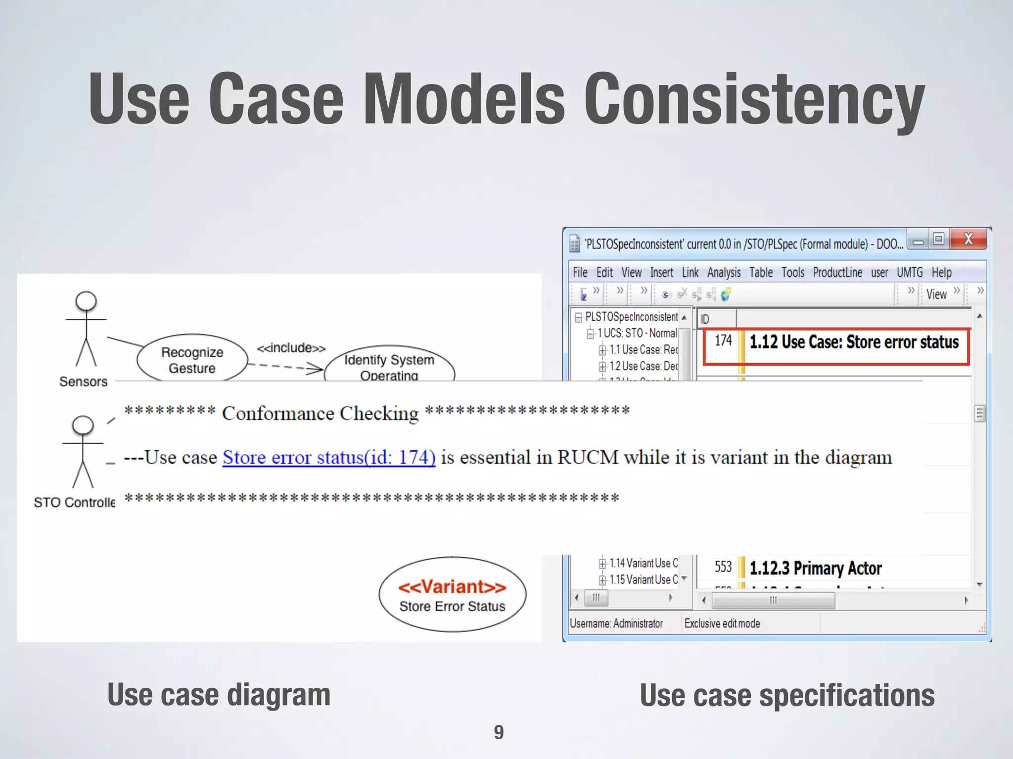 9
Use Case Models Consistency
Use case diagram
 Use case speciﬁcations
 