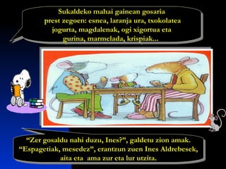 Sukaldeko mahai gainean gosaria
prest zegoen: esnea, laranja ura, txokolatea
jogurta, magdalenak, ogi xigortua eta
gurina, marmelada, krispiak...
Sukaldeko mahai gainean gosaria
prest zegoen: esnea, laranja ura, txokolatea
jogurta, magdalenak, ogi xigortua eta
gurina, marmelada, krispiak...
“Zer gosaldu nahi duzu, Ines?”, galdetu zion amak.
“Espagetiak, mesedez”, erantzun zuen Ines Aldrebesek,
aita eta ama zur eta lur utzita.
“Zer gosaldu nahi duzu, Ines?”, galdetu zion amak.
“Espagetiak, mesedez”, erantzun zuen Ines Aldrebesek,
aita eta ama zur eta lur utzita.
 