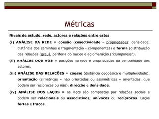 Métricas
Níveis de estudo: rede, actores e relações entre estes

(i) ANÁLISE DA REDE = coesão (conectividade – propriedades: densidade,
    distância dos caminhos e fragmentação - componentes) e forma (distribuição
    das relações [grau], periferia do núcleo e aglomeração (“clumpiness”).

(ii) ANÁLISE DOS NÓS = posições na rede e propriedades da centralidade dos
    actores.

(iii) ANÁLISE DAS RELAÇÕES = coesão (distância geodésica e multiplexidade),
    orientação (simétricas – não orientadas ou assimétricas – orientadas, que
    podem ser recíprocas ou não), direcção e densidade.

(iv) ANÁLISE DOS LAÇOS = os laços são compostos por relações sociais e
    podem ser relacionais ou associativos, unívocos ou recíprocos. Laços
    fortes e fracos.
 