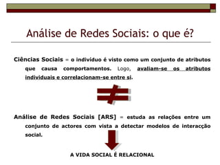 Análise de Redes Sociais: o que é?

Ciências Sociais = o indivíduo é visto como um conjunto de atributos
   que   causa   comportamentos.     Logo,    avaliam-se   os   atributos
   individuais e correlacionam-se entre si.




Análise de Redes Sociais [ARS] = estuda as relações entre um
   conjunto de actores com vista a detectar modelos de interacção
   social.



                   A VIDA SOCIAL É RELACIONAL
 