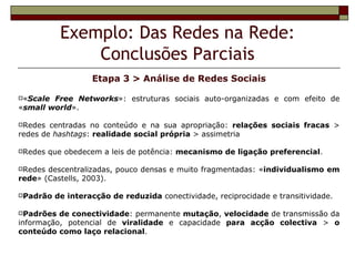 Exemplo: Das Redes na Rede:
                Conclusões Parciais
                   Etapa 3 > Análise de Redes Sociais

«Scale Free Networks»: estruturas sociais auto-organizadas e com efeito de
«small world».

Redes  centradas no conteúdo e na sua apropriação: relações sociais fracas >
redes de hashtags: realidade social própria > assimetria

Redes   que obedecem a leis de potência: mecanismo de ligação preferencial.

Redes descentralizadas, pouco densas e muito fragmentadas: «individualismo em
rede» (Castells, 2003).

Padrão   de interacção de reduzida conectividade, reciprocidade e transitividade.

Padrões  de conectividade: permanente mutação, velocidade de transmissão da
informação, potencial de viralidade e capacidade para acção colectiva > o
conteúdo como laço relacional.
 