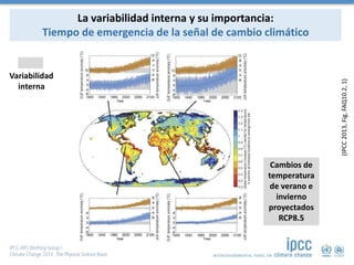 La variabilidad interna y su importancia:
Tiempo de emergencia de la señal de cambio climático
Variabilidad
interna
(IPCC2013,Fig.FAQ10.2,1)
Cambios de
temperatura
de verano e
invierno
proyectados
RCP8.5
 