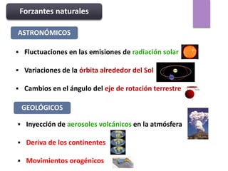 Forzantes naturales
 Fluctuaciones en las emisiones de radiación solar
 Variaciones de la órbita alrededor del Sol
 Cambios en el ángulo del eje de rotación terrestre
ASTRONÓMICOS
 Inyección de aerosoles volcánicos en la atmósfera
 Deriva de los continentes
 Movimientos orogénicos
GEOLÓGICOS
 