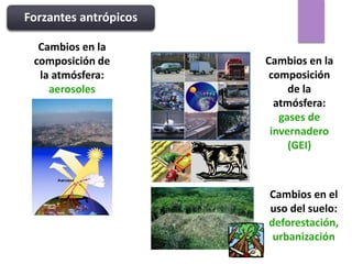 Cambios en el
uso del suelo:
deforestación,
urbanización
Cambios en la
composición de
la atmósfera:
aerosoles
Cambios en la
composición
de la
atmósfera:
gases de
invernadero
(GEI)
Forzantes antrópicos
 