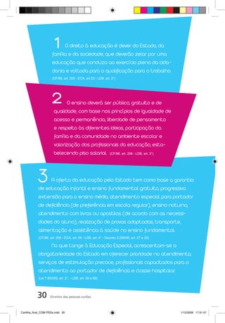 1   O direito à educação é dever do Estado, da
                      família e da sociedade, que deverão zelar por uma
                      educação que conduza ao exercício pleno da cida-
                      dania e voltada para a qualificação para o trabalho.
                      (CF/88, art. 205 - ECA, art.53 - LDB, art. 2°)




                      2       O ensino deverá ser público, gratuito e de
                       qualidade, com base nos princípios de igualdade de
                       acesso e permanência, liberdade de pensamento
                       e respeito às diferentes ideias, participação da
                       família e da comunidade no ambiente escolar e
                       valorização dos profissionais da educação, esta-
                       belecendo piso salarial. (CF/88, art. 208 - LDB, art. 3°)



            3     A oferta da educação pelo Estado tem como base a garantia
            de educação infantil e ensino fundamental gratuito, progressiva
            extensão para o ensino médio, atendimento especial para portador
            de deficiência (de preferência em escola regular), ensino noturno,
            atendimento com livros ou apostilas (de acordo com as necessi-
            dades do aluno), realização de provas adaptadas, transporte,
            alimentação e assistência à saúde no ensino fundamental.
            (CF/88, art. 208 - ECA, art. 59 - LDB, art. 4° - Decreto 3.298/99, art. 27 e 29)

                  No que tange à Educação Especial, acrescentam-se a
            obrigatoriedade do Estado em oferecer prioridade no atendimento,
            serviços de estimulação precoce, profissionais capacitados para o
            atendimento ao portador de deficiência e classe hospitalar.
            (Lei 7.853/89, art. 2°, - LDB, art. 58 e 59)




           30       Direitos das pessoas surdas



Cartilha_final_COM PSDs.indd 30                                                                1/12/2009 17:31:47
 