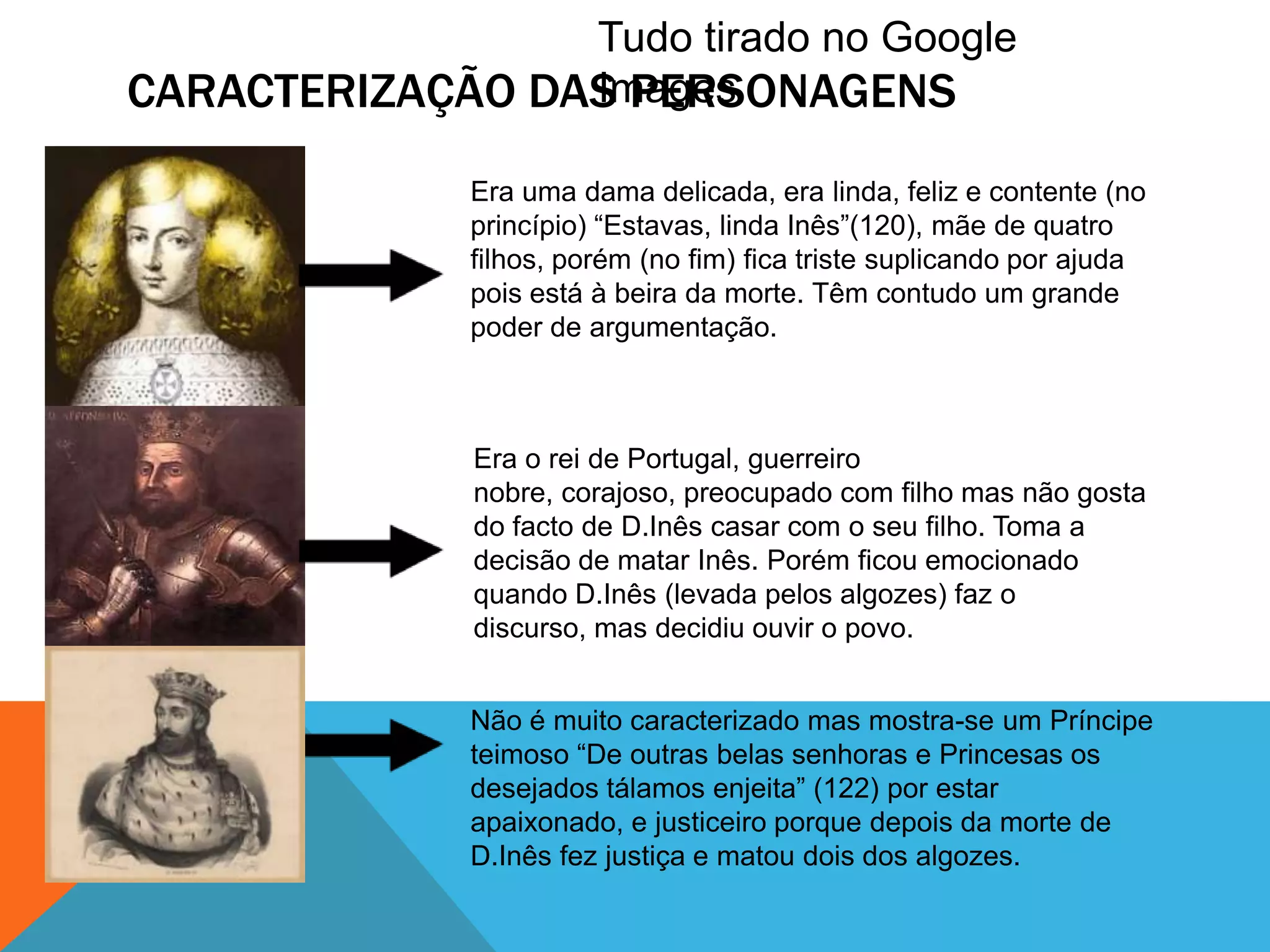 CARACTERIZAÇÃO DAS PERSONAGENS
Tudo tirado no Google
Images
Era uma dama delicada, era linda, feliz e contente (no
princípio) “Estavas, linda Inês”(120), mãe de quatro
filhos, porém (no fim) fica triste suplicando por ajuda
pois está à beira da morte. Têm contudo um grande
poder de argumentação.
Era o rei de Portugal, guerreiro
nobre, corajoso, preocupado com filho mas não gosta
do facto de D.Inês casar com o seu filho. Toma a
decisão de matar Inês. Porém ficou emocionado
quando D.Inês (levada pelos algozes) faz o
discurso, mas decidiu ouvir o povo.
Não é muito caracterizado mas mostra-se um Príncipe
teimoso “De outras belas senhoras e Princesas os
desejados tálamos enjeita” (122) por estar
apaixonado, e justiceiro porque depois da morte de
D.Inês fez justiça e matou dois dos algozes.
 
