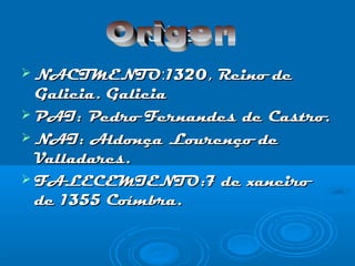 origenorigen
 NACIMENTONACIMENTO::1320, Reino de1320, Reino de
Galicia. GaliciaGalicia. Galicia
 PAI: Pedro Fernandes de...