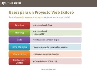 www.tonipadrell.com
Bases para un Proyecto Web Exitoso
Tener el control y asegurar el acceso a la información de tu propie...