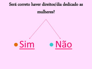 Será correto haver direitos/dia dedicado as
mulheres?
Sim Não 
 