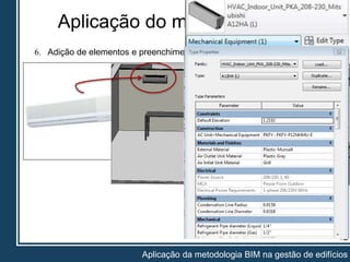 Aplicação do método (cont.)
12
Aplicação da metodologia BIM na gestão de edifícios
6. Adição de elementos e preenchimento correto das suas propriedades:
 