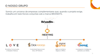 5
Somos um universo de empresas complementares que, quando o projeto exige,
trabalha em task-forces conjuntas sob a marca BRANDITS.
O NOSSO GRUPO
Agência de Meios
Digitais e Offline.
Investigação e Intelligence
aplicados aos Media.
Branding, Comunicação
e Relações Públicas.
Criatividade Operacional,
Sites, APP Móveis.
 
