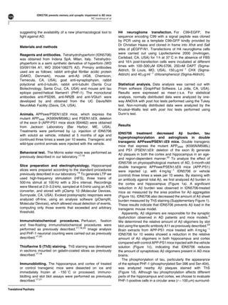IDN5706 prevents memory and synaptic impairment in AD mice
                                                                     NC Inestrosa et al
2

          suggesting the availability of a new pharmacological tool to                    H4 neuroglioma transfection. For C99-EGFP, the
          ﬁght against AD.                                                                sequence encoding C99 with a signal peptide was cloned
                                                                                          by PCR using as a template C99-GFP kindly provided by
                                                                                          Dr Christian Haass and cloned in frame into XhoI and SalI
          Materials and methods
                                                                                          sites of pEGFP-N1. Transfections of H4 neuroglioma cells
          Reagents and antibodies. Tetrahydrohyperforin (IDN5706)                         were carried out using Lipofectamine 2000 (Invitrogen,
          was obtained from Indena SpA, Milan, Italy. Tetrahydro-                         Carlsbad, CA, USA) for 1 h at 371C in the absence of FBS
          phyperforin is a semi synthetic derivative of hyperforin (WO                    and 16 h post-transfection cells were incubated at different
          03/091194 A1; WO 2004/106275 A2). Primary antibodies                            times with 100–500 mM IDN-5706, 250 nM DAPT (Sigma-
          used are as follows: rabbit anti-glial ﬁbrillar acidic protein                  Aldrich, St Louis, MO, USA), 150 mg mlÀ1 CHX (Sigma-
          (DAKO, Denmark), mouse anti-Ab (4G8, Chemicon,                                  Aldrich) and 40 mg mlÀ1 chloramphenicol (Sigma-Aldrich).
          Temecula, CA, USA), goat anti-synaptophysin, rabbit
          polyclonal anti-b-tubulin, rabbit anti-tubulin (Santa Cruz                      Statistical analysis. Data analysis was carried out with
          Biotechnology, Santa Cruz, CA, USA) and mouse anti tau                          Prism software (GraphPad Software, La Jolla, CA, USA).
          epitope paired-helical ﬁlament1 (PHF-1). The monoclonal                         Results were expressed as mean±s.e. For statistical
          antibodies anti-PSD95, anti-NR2B and anti-VGlut1 were                           analysis, normally distributed data were analyzed by one-
          developed by and obtained from the UC Davis/NIH                                 way ANOVA with post hoc tests performed using the Tukey
          NeuroMab Facility (Davis, CA, USA).                                             test. Non-normally distributed data were analyzed by the
                                                                                          Kruskal–Wallis test with post hoc tests performed using
          Animals. APPswe/PSEN1DE9 mice, which express the                                Dunn’s test.
          mutant APPSWE (K595N/M596L) and PSEN1DE9, deletion
          of the exon 9 (APP-PS1 mice stock 004462) were obtained
          from Jackson Laboratory (Bar Harbor, ME, USA).                                  Results
          Treatments were performed by i.p. injection of IDN5706
                                                                                          IDN5706 treatment decreased Ab burden, tau
          with solutol as vehicle, initiated at 5 months of age and
                                                                                          hyperphosphorylation and astrogliosis in double
          continued three times a week per 10 weeks. Transgenic and
                                                                                          transgenic APPswe/PSEN1DE9 mice. Double transgenic
          wild-type control animals were injected with the vehicle.
                                                                                          mice that express the mutant APPSWE (K595N/M596L)
                                                                                          and PS1 (PSEN1DE9: deletion of the exon 9) generate
          Behavioral test. The Morris water maze was performed as
                                                                                          Ab plaques in both the cortex and hippocampus in an age-
          previously described in our laboratory.17,18
                                                                                          and region-dependent manner.22 To analyze the effect of
                                                                                          IDN5706 on physiopathological markers of AD, 5-month-old
          Slice preparation and electrophysiology. Hippocampal                            double transgenic APPswe/PSEN1DE9 mice (APP-PS1)
          slices were prepared according to the standard procedures                       were injected i.p. with 4 mg kgÀ1 IDN5706 or vehicle
          previously described in our laboratory.19 To generate LTP we                    (control) three times a week per 10 weeks. By staining with
          used high-frequency stimulation (HFS), three trains of                          an antibody against total Ab, we ﬁrst analyzed Ab burden in
          500 ms stimuli at 100 Hz with a 20-s interval. Recordings                       the cortex and hippocampus (Figure 1a). A signiﬁcant
          were ﬁltered at 2.0–3.0 kHz, sampled at 4.0 kHz using an A/D                    reduction in Ab burden was observed in IDN5706-treated
          converter, and stored with pClamp 10 (Molecular Devices,                        mice as measured by the area positive for Ab aggregates
          Sunnyvale, CA, USA). Evoked postsynaptic responses were                         (Figure 1b). IDN5706 also decreased the amount of Ab sheet
          analyzed off-line, using an analysis software (pClampﬁt,                        burden measured by ThS staining (Supplementary Figure 1).
          Molecular Devices), which allowed visual detection of events,                   These results indicate that IDN5706 prevents Ab load in the
          computing only those events that exceeded and arbitrary                         transgenic mouse model.
          threshold.                                                                         Apparently, Ab oligomers are responsible for the synaptic
                                                                                          dysfunction observed in AD patients and mice models.5
          Immunohistochemical procedures. Perfusion, ﬁxation                              We determined the relative amount of Ab oligomers by slot
          and free-ﬂoating immunohistochemical procedures were                            blot using the speciﬁc antibody A11 as previously described.23
          performed as previously described.17,18,20 Image analysis                       Brain extracts from APP-PS1 mice treated with 4 mg kgÀ1
          and PHF-1 neuronal counting were carried out as previously                      IDN5706 for 10 weeks showed a reduction in the relative
          described.17,20                                                                 amount of Ab oligomers in both hippocampus and cortex
                                                                                          compared with control APP-PS1 mice injected with the vehicle
          Thioﬂavine S (ThS) staining. ThS staining was developed                         solution (Figure 1c), indicating that IDN5706 reduces
          in sections mounted on gelatin-coated slices as previously                      the amount of synaptotoxic Ab oligomers present in AD mice
          described.17,18                                                                 brains.
                                                                                             The phosphorylation of tau, particularly the appearance
          Immunoblotting. The hippocampus and cortex of treated                           of the epitope PHF-1 (phosphorylated Ser-396 and Ser-404),
          or control transgenic mice were dissected on ice and                            was analyzed nearby Ab plaques stained with ThS
          immediately frozen at À150 1C or processed. Immuno-                             (Figure 1d). Although tau phosphorylation affects different
          blotting and slot blot assays were performed as previously                      parts of the hippocampus and cortex, we choose to evaluate
          described.17,21                                                                 PHF-1-positive cells in a circular area (r ¼ 100 mm) surround-

Translational Psychiatry
 