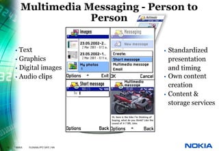 Multimedia Messaging - Person to
                      Person


      • Text                             •   Standardized
      • Graphics                             presentation
      • Digital images                       and timing
      • Audio clips                      •   Own content
                                             creation
                                         •   Content &
                                             storage services




10   © NOKIA   FILENAMs.PPT/ DATE / NN
 