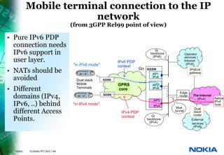 Mobile terminal connection to the IP
                            network
                                         (from 3GPP Rel99 point of view)

• Pure IPv6 PDP
  connection needs
  IPv6 support in                                                                      Gi
                                                                                    backbone
                                                                                     (IPv6)
                                                                                                        Operator

  user layer.
                                                                                                        services /
                                                                  IPv6 PDP                              Intranet
                                          "in IPv6 mode"                                                 (IPv6)
                                                                  context
• NATs should be                                                             Gn   GGSN
                                                                                    AP1
                                                                                                           IPv6/v4
                                                                                                           gateway

  avoided                                  Dual stack      SGSN
                                                                                    IPv6

                                           Mobile                 GPRS               AP2
• Different                                Terminals              core               IPv6
                                                                                                  Edge
  domains (IPv4,                                           SGSN

                                                                                     AP3
                                                                                                  router      The Internet
                                                                                                                (IPv4)       Native

  IPv6, ..) behind                       "in IPv4 mode"                              IPv4
                                                                                                6to4
                                                                                                                             IPv4
                                                                                                                             host

  different Access
                                                                                                               Dual
                                                                                               tunnel          stack
                                                                   IPv4 PDP
                                                                                                              router
  Points.                                                          context           Gi
                                                                                  backbone                   External
                                                                                   (IPv4)                    services
                                                                                                              (IPv6)




21   © NOKIA   FILENAMs.PPT/ DATE / NN
 