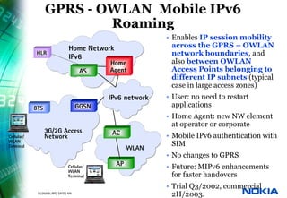 GPRS - OWLAN Mobile IPv6
                             Roaming
                                                                • Enables IP session mobility
                                     Home Network                 across the GPRS – OWLAN
               HLR
                                     IPv6                         network boundaries, and
                                                 Home             also between OWLAN
                                           AS    Agent            Access Points belonging to
                                                                  different IP subnets (typical
                                                                  case in large access zones)
                                                 IPv6 network   • User: no need to restart
               BTS                        GGSN                    applications
                                                                • Home Agent: new NW element
                                                                  at operator or corporate
                     3G/2G Access                 AC
Cellular/            Network                                    • Mobile IPv6 authentication with
WLAN
Terminal                                                          SIM
                                                         WLAN
                                                                • No changes to GPRS
                                    Cellular/       AP          • Future: MIPv6 enhancements
                                    WLAN
                                    Terminal                      for faster handovers
                                                                • Trial Q3/2002, commercial
27   © NOKIA    FILENAMs.PPT/ DATE / NN
                                                                  2H/2003.
 