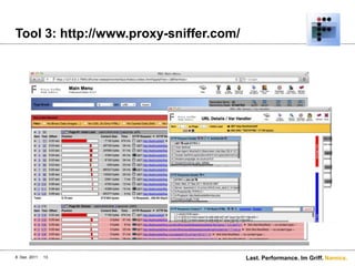 Tool 3: http://www.proxy-sniffer.com/




8. Dez. 2011   13                       Last. Performance. Im Griff. Namics.
 