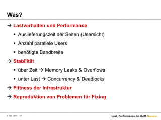 Was?
 Lastverhalten und Performance
        Auslieferungszeit der Seiten (Usersicht)
        Anzahl parallele Users
        benötigte Bandbreite
 Stabilität
        über Zeit  Memory Leaks & Overflows
        unter Last  Concurrency & Deadlocks
 Fittness der Infrastruktur
 Reproduktion von Problemen für Fixing


8. Dez. 2011   17                                   Last. Performance. Im Griff. Namics.
 