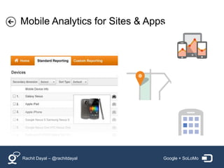 Mobile Analytics for Sites & Apps




Rachit Dayal – @rachitdayal     Google + SoLoMo
 