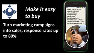 Makeiteasy to buyHotelli Plazan tarjous kurssille: ylellinen suite, lasilliset shampanjaa ja teatteriliput Kansallisteatterin iltanäytökseen; paketti kahdelle vain 199€! Varaa vastaamalla kirjaimella VTurn marketing campaigns into sales, response rates up to 80%V