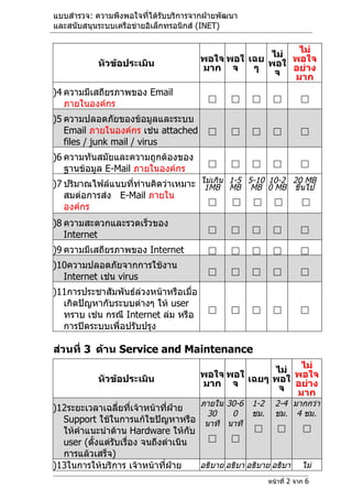 แบบสำำรวจ: ควำมพึงพอใจที่ได้รับบริกำรจำกฝ่ำยพัฒนำ
และสนับสนุนระบบเครือข่ำยอิเล็กทรอนิกส์ (INET)

                                                         ไม่
                                                    ไม่ พอใจ
           หัวข้อประเมิน               พอใจ พอใ เฉย พอใ
                                       มำก จ     ๆ   จ อย่ำง
                                                        มำก
)4 ควำมมีเสถียรภำพของ Email
                                                                
   ภำยในองค์กร
)5 ควำมปลอดภัยของข้อมูลและระบบ
   Email ภำยในองค์กร เช่น attached                              
   files / junk mail / virus
)6 ควำมทันสมัยและควำมถูกต้องของ
                                                                
   ฐำนข้อมูล E-Mail ภำยในองค์กร
)7 ปริมำณไฟล์แนบทีท่ำนคิดว่ำเหมำะ ไม่เกิน 1-5 5-10 0 MB 20 MB
                  ่                1MB MB MB
                                                   10-2
                                                        ขึนไป
                                                          ้
   สมต่อกำรส่ง E-Mail ภำยใน
                                                        
   องค์กร
)8 ควำมสะดวกและรวดเร็วของ
                                                                
   Internet
)9 ควำมมีเสถียรภำพของ Internet                                  

)10ควำมปลอดภัยจำกกำรใช้งำน
                                                                
  Internet เช่น virus
)11กำรประชำสัมพันธ์ล่วงหน้ำหรือเมื่อ
  เกิดปัญหำกับระบบต่ำงๆ ให้ user
                                                                
  ทรำบ เช่น กรณี Internet ล่ม หรือ
  กำรปิดระบบเพื่อปรับปรุง

ส่วนที่ 3 ด้ำน Service and Maintenance
                                                          ไม่
                                                     ไม่ พอใจ
           หัวข้อประเมิน               พอใจ พอใ เฉยๆ พอใ
                                       มำก จ          จ อย่ำง
                                                         มำก
                                      ภำยใน 30-6 1-2 2-4 มำกกว่ำ
)12ระยะเวลำเฉลี่ยที่เจ้ำหน้ำที่ฝ่ำย
                                       30     0     ชม. ชม. 4 ชม.
  Support ใช้ในกำรแก้ใขปัญหำหรือ นำที นำที
  ให้คำำแนะนำำด้ำน Hardware ให้กับ                            
                                             
  user (ตั้งแต่รับเรื่อง จนถึงดำำเนิน
  กำรแล้วเสร็จ)
)13ในกำรให้บริกำร เจ้ำหน้ำที่ฝ่ำย     อธิบำย อธิบำ อธิบำย อธิบำ ไม่
                                                        หน้ำที่ 2 จำก 6
 