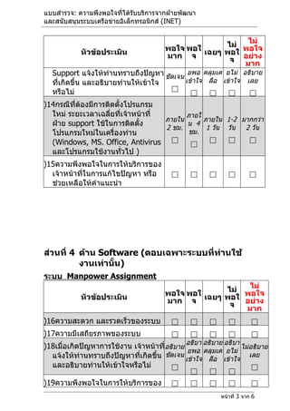 แบบสำำรวจ: ควำมพึงพอใจที่ได้รับบริกำรจำกฝ่ำยพัฒนำ
และสนับสนุนระบบเครือข่ำยอิเล็กทรอนิกส์ (INET)

                                                           ไม่
                                                      ไม่ พอใจ
            หัวข้อประเมิน               พอใจ พอใ เฉยๆ พอใ
                                        มำก จ          จ อย่ำง
                                                          มำก
  Support แจ้งให้ทำนทรำบถึงปัญหำ ชัดเจน ยพอ คลุมเค ยไม่ อธิบำย
                     ่
  ที่เกิดขึ้น และอธิบำยท่ำนให้เข้ำใจ   เข้ำใจ ลือ เข้ำใจ เลย
                                     
  หรือไม่                                              

)14กรณีที่ต้องมีกำรติดตั้งโปรแกรม
  ใหม่ ระยะเวลำเฉลียที่เจ้ำหน้ำที่
                     ่                   ภำยใ
                                   ภำยใน      ภำยใน 1-2 มำกกว่ำ
  ฝ่ำย support ใช้ในกำรติดตั้ง           น 4
                                   2 ชม.       1 วัน วัน 2 วัน
  โปรแกรมใหม่ในเครื่องท่ำน               ชม.
  (Windows, MS. Office, Antivirus        
                                                        

  และโปรแกรมใช้งำนทัวไป )่
)15ควำมพึงพอใจในกำรให้บริกำรของ
  เจ้ำหน้ำที่ในกำรแก้ไขปัญหำ หรือ                                  
  ช่วยเหลือให้คำำแนะนำำ




ส่วนที่ 4 ด้ำน Software (ตอบเฉพำะระบบที่ท่ำนใช้
          งำนเท่ำนั้น)
ระบบ Manpower Assignment
                                                           ไม่
                                                      ไม่ พอใจ
            หัวข้อประเมิน               พอใจ พอใ เฉยๆ พอใ
                                        มำก จ          จ อย่ำง
                                                          มำก
)16ควำมสะดวก และรวดเร็วของระบบ                                     

)17ควำมมีเสถียรภำพของระบบ                                          

)18เมื่อเกิดปัญหำกำรใช้งำน เจ้ำหน้ำที่ อธิบำย อธิบำ อธิบำย อธิบำ ไม่อธิบำย
                                              ยพอ คลุมเค ยไม่
  แจ้งให้ท่ำนทรำบถึงปัญหำที่เกิดขึ้น ชัดเจน เข้ำใจ ลือ เข้ำใจ เลย
  และอธิบำยท่ำนให้เข้ำใจหรือไม่                                     
                                                           

)19ควำมพึงพอใจในกำรให้บริกำรของ                                    

                                                          หน้ำที่ 3 จำก 6
 
