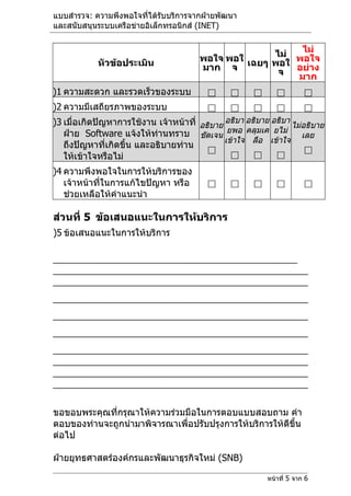แบบสำำรวจ: ควำมพึงพอใจที่ได้รับบริกำรจำกฝ่ำยพัฒนำ
และสนับสนุนระบบเครือข่ำยอิเล็กทรอนิกส์ (INET)

                                                           ไม่
                                                      ไม่ พอใจ
            หัวข้อประเมิน               พอใจ พอใ เฉยๆ พอใ
                                        มำก จ          จ อย่ำง
                                                          มำก
)1 ควำมสะดวก และรวดเร็วของระบบ                                     

)2 ควำมมีเสถียรภำพของระบบ                                          

)3 เมื่อเกิดปัญหำกำรใช้งำน เจ้ำหน้ำที่ อธิบำย อธิบำ อธิบำย อธิบำ ไม่อธิบำย
   ฝ่ำย Software แจ้งให้ทำนทรำบ ชัดเจน ยพอ คลุมเค ยไม่ เลย
                           ่
                                              เข้ำใจ ลือ เข้ำใจ
   ถึงปัญหำที่เกิดขึ้น และอธิบำยท่ำน                                
   ให้เข้ำใจหรือไม่                                       

)4 ควำมพึงพอใจในกำรให้บริกำรของ
   เจ้ำหน้ำที่ในกำรแก้ไขปัญหำ หรือ                                 
   ช่วยเหลือให้คำำแนะนำำ

ส่วนที่ 5 ข้อเสนอแนะในกำรให้บริกำร
)5 ข้อเสนอแนะในกำรให้บริกำร

________________________________________________
__________________________________________________
__________________________________________________
__________________________________________________
__________________________________________________
__________________________________________________
__________________________________________________
__________________________________________________
__________________________________________________
__________________________________________________


ขอขอบพระคุณที่กรุณำให้ควำมร่วมมือในกำรตอบแบบสอบถำม คำำ
ตอบของท่ำนจะถูกนำำมำพิจำรณำเพื่อปรับปรุงกำรให้บริกำรให้ดีขึ้น
ต่อไป

ฝ่ำยยุทธศำสตร์องค์กรและพัฒนำธุรกิจใหม่ (SNB)

                                                          หน้ำที่ 5 จำก 6
 
