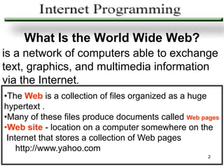 What Is the World Wide Web?
is a network of computers able to exchange
text, graphics, and multimedia information
via the Internet.
•The Web is a collection of files organized as a huge
hypertext .
•Many of these files produce documents called Web pages
•Web site - location on a computer somewhere on the
 Internet that stores a collection of Web pages
    http://www.yahoo.com
                                                    2
 