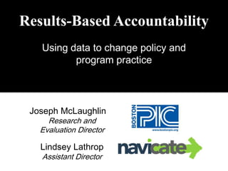 Results-Based Accountability
Using data to change policy and
program practice
Joseph McLaughlin
Research and
Evaluation Director
Lindsey Lathrop
Assistant Director
 