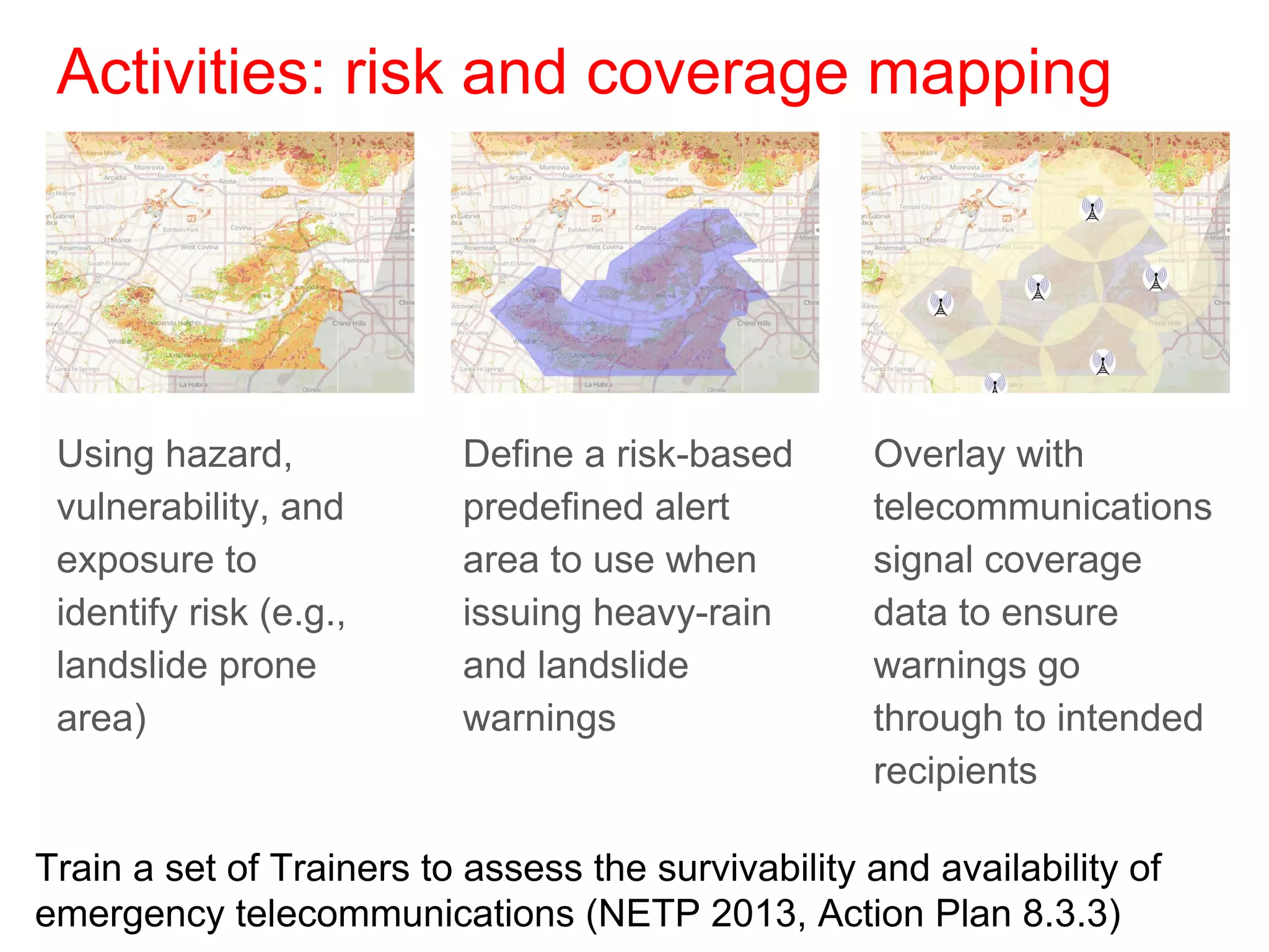 Activities: risk and coverage mapping
Using hazard,
vulnerability, and
exposure to
identify risk (e.g.,
landslide prone
area)
Define a risk-based
predefined alert
area to use when
issuing heavy-rain
and landslide
warnings
Overlay with
telecommunications
signal coverage
data to ensure
warnings go
through to intended
recipients
Train a set of Trainers to assess the survivability and availability of
emergency telecommunications (NETP 2013, Action Plan 8.3.3)
 