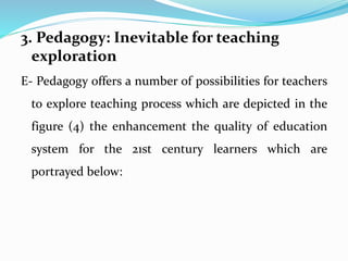 3. Pedagogy: Inevitable for teaching
exploration
E- Pedagogy offers a number of possibilities for teachers
to explore teaching process which are depicted in the
figure (4) the enhancement the quality of education
system for the 21st century learners which are
portrayed below:
 