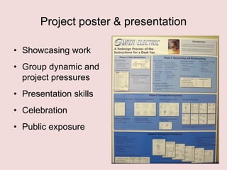 Project poster & presentation
• Showcasing work
• Group dynamic and
project pressures

• Presentation skills
• Celebration
• Public exposure

 