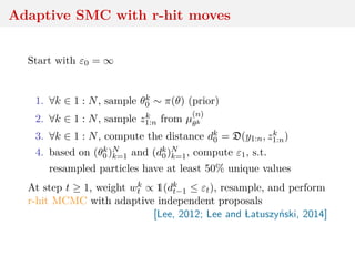 Adaptive SMC with r-hit moves
Start with ε0 = ∞
1. ∀k ∈ 1 : N, sample θk
0 ∼ π(θ) (prior)
2. ∀k ∈ 1 : N, sample zk
1:n from µ
(n)
θk
3. ∀k ∈ 1 : N, compute the distance dk
0 = D(y1:n, zk
1:n)
4. based on (θk
0)N
k=1 and (dk
0)N
k=1, compute ε1, s.t.
resampled particles have at least 50% unique values
At step t ≥ 1, weight wk
t ∝ 1(dk
t−1 ≤ εt), resample, and perform
r-hit MCMC with adaptive independent proposals
[Lee, 2012; Lee and Latuszy´nski, 2014]
 