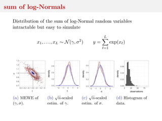 sum of log-Normals
Distribution of the sum of log-Normal random variables
intractable but easy to simulate
x1, . . . , xL ∼ N(γ, σ2
) y =
L
=1
exp(x )
(a) MEWE of
(γ, σ).
0.0
0.2
0.4
0.6
−2 −1 0 1 2
γ
density
(b)
√
n-scaled
estim. of γ.
0.0
0.2
0.4
0.6
−2 −1 0 1 2
σ
density
(c)
√
n-scaled
estim. of σ.
0.00
0.02
0.04
0.06
0 25 50 75
observations
density
(d) Histogram of
data.
 