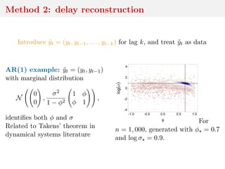 Method 2: delay reconstruction
Introduce ˜yt = (yt, yt−1, . . . , yt−k) for lag k, and treat ˜yt as data
AR(1) example: ˜yt = (yt, yt−1)
with marginal distribution
N
0
0
,
σ2
1 − φ2
1 φ
φ 1
,
identiﬁes both φ and σ
Related to Takens’ theorem in
dynamical systems literature
For
n = 1, 000, generated with φ = 0.7
and log σ = 0.9.
 