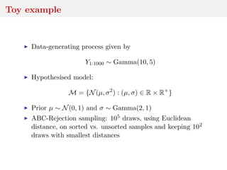 Toy example
Data-generating process given by
Y1:1000 ∼ Gamma(10, 5)
Hypothesised model:
M = {N(µ, σ2
) : (µ, σ) ∈ R × R+
}
Prior µ ∼ N(0, 1) and σ ∼ Gamma(2, 1)
ABC-Rejection sampling: 105 draws, using Euclidean
distance, on sorted vs. unsorted samples and keeping 102
draws with smallest distances
 