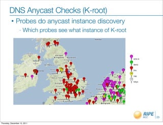 DNS Anycast Checks (K-root)
          •    Probes do anycast instance discovery
                  -   Which probes see what instance of K-root




                                                                 23

Thursday, December 15, 2011
 