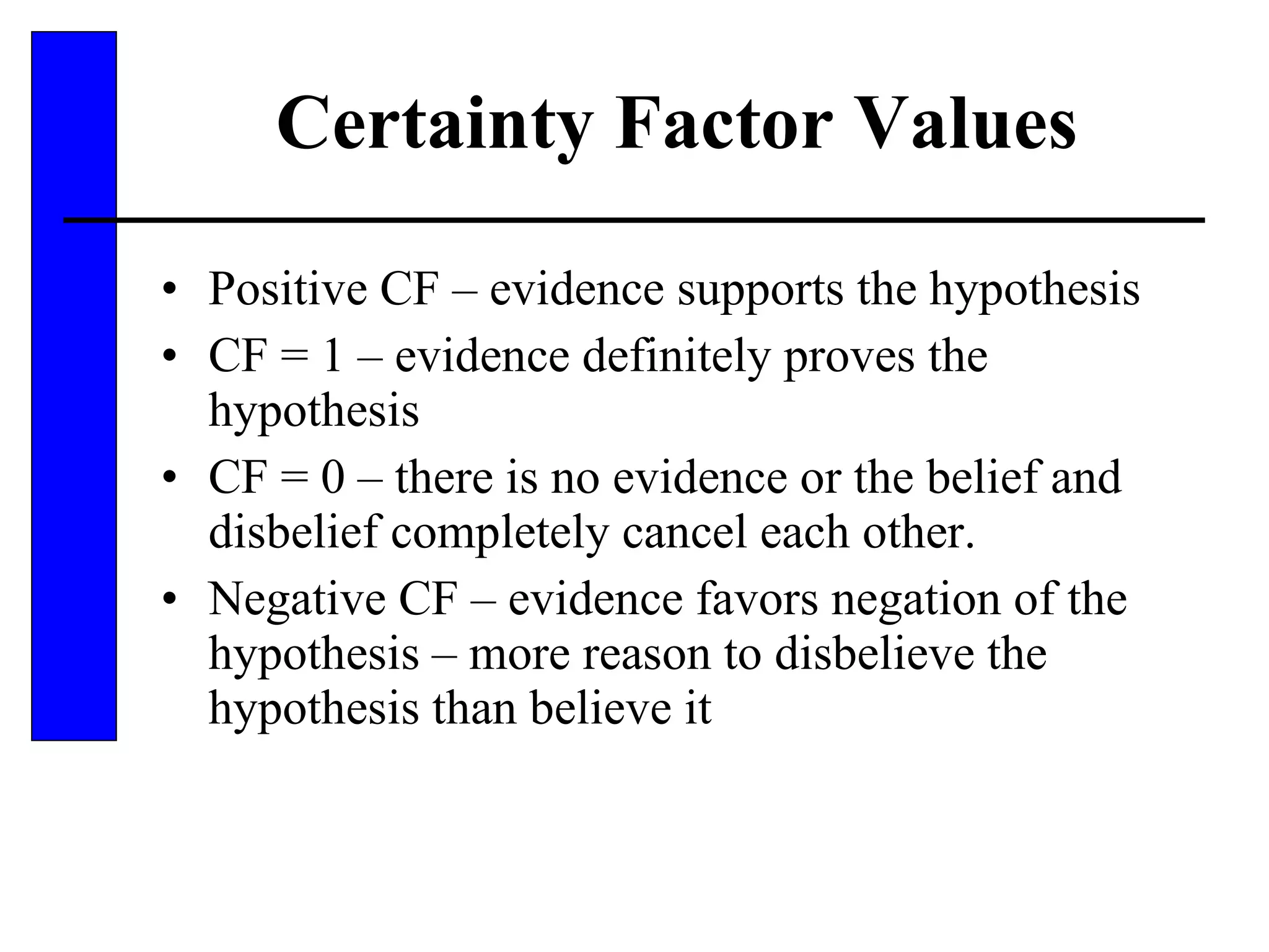 Certainty Factor Values Positive CF – evidence supports the hypothesis CF = 1 – evidence definitely proves the hypothesis CF = 0 – there is no evidence or the belief and disbelief completely cancel each other. Negative CF – evidence favors negation of the hypothesis – more reason to disbelieve the hypothesis than believe it 