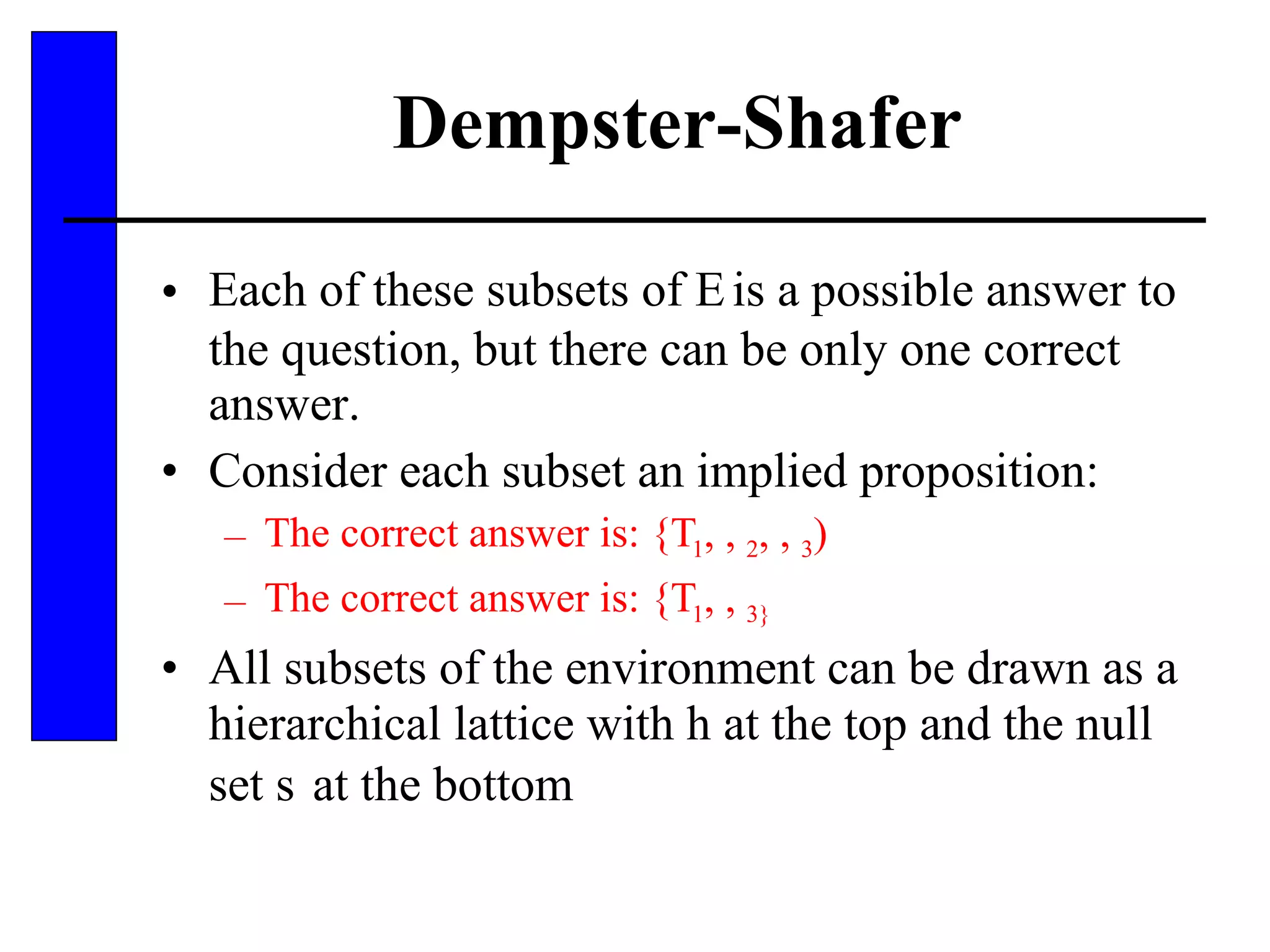 Dempster-Shafer Each of these subsets of    is a possible answer to the question, but there can be only one correct answer. Consider each subset an implied proposition: The correct answer is: {  1 ,   2 ,   3 ) The correct answer is: {  1 ,   3} All subsets of the environment can be drawn as a hierarchical lattice with    at the top and the null set    at the bottom 