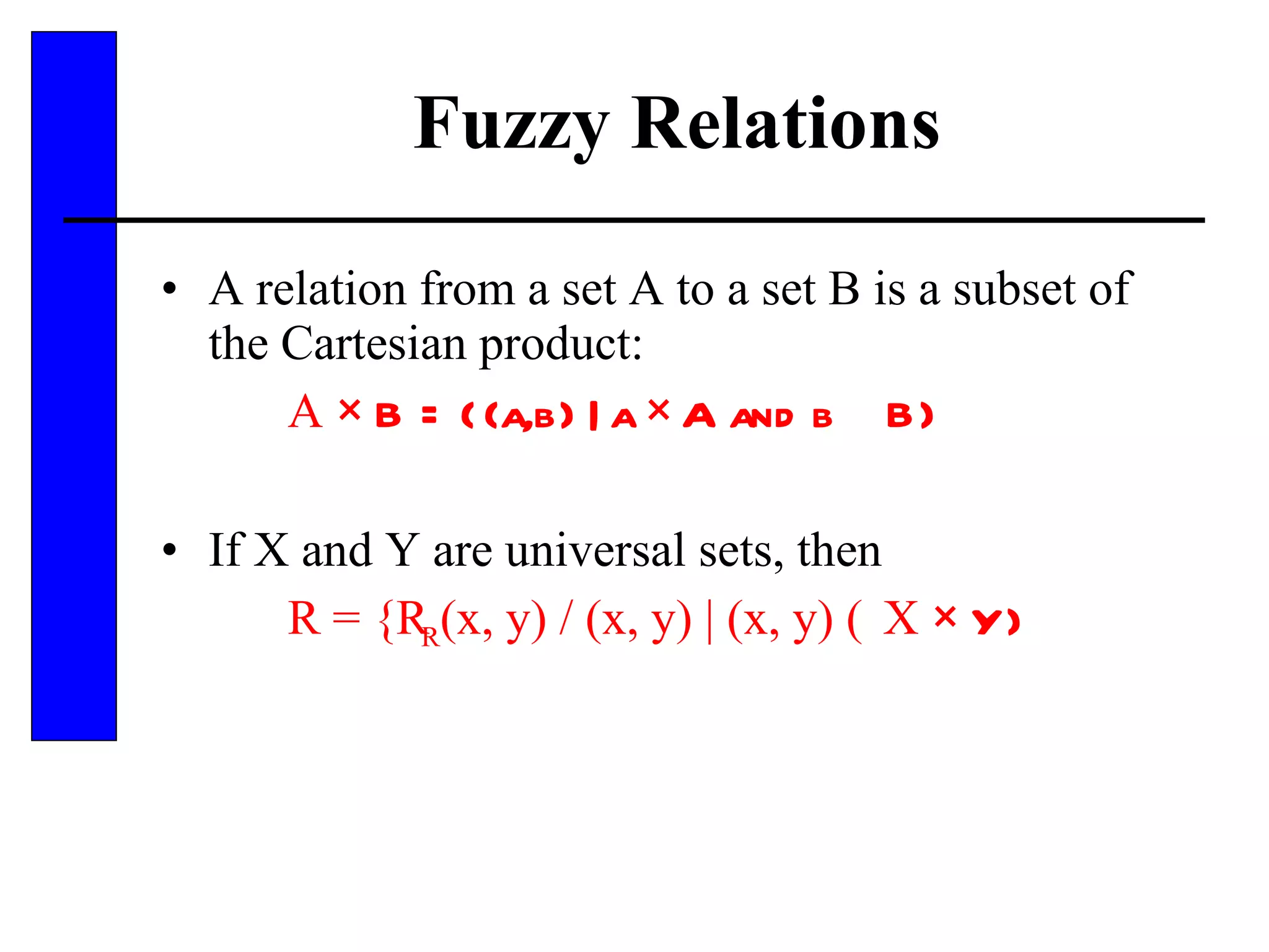 Fuzzy Relations A relation from a set A to a set B is a subset of the Cartesian product: A  × B = {(a,b) | a    A and b    B} If X and Y are universal sets, then R = {  R (x, y) / (x, y) | (x, y)    X  × Y} 