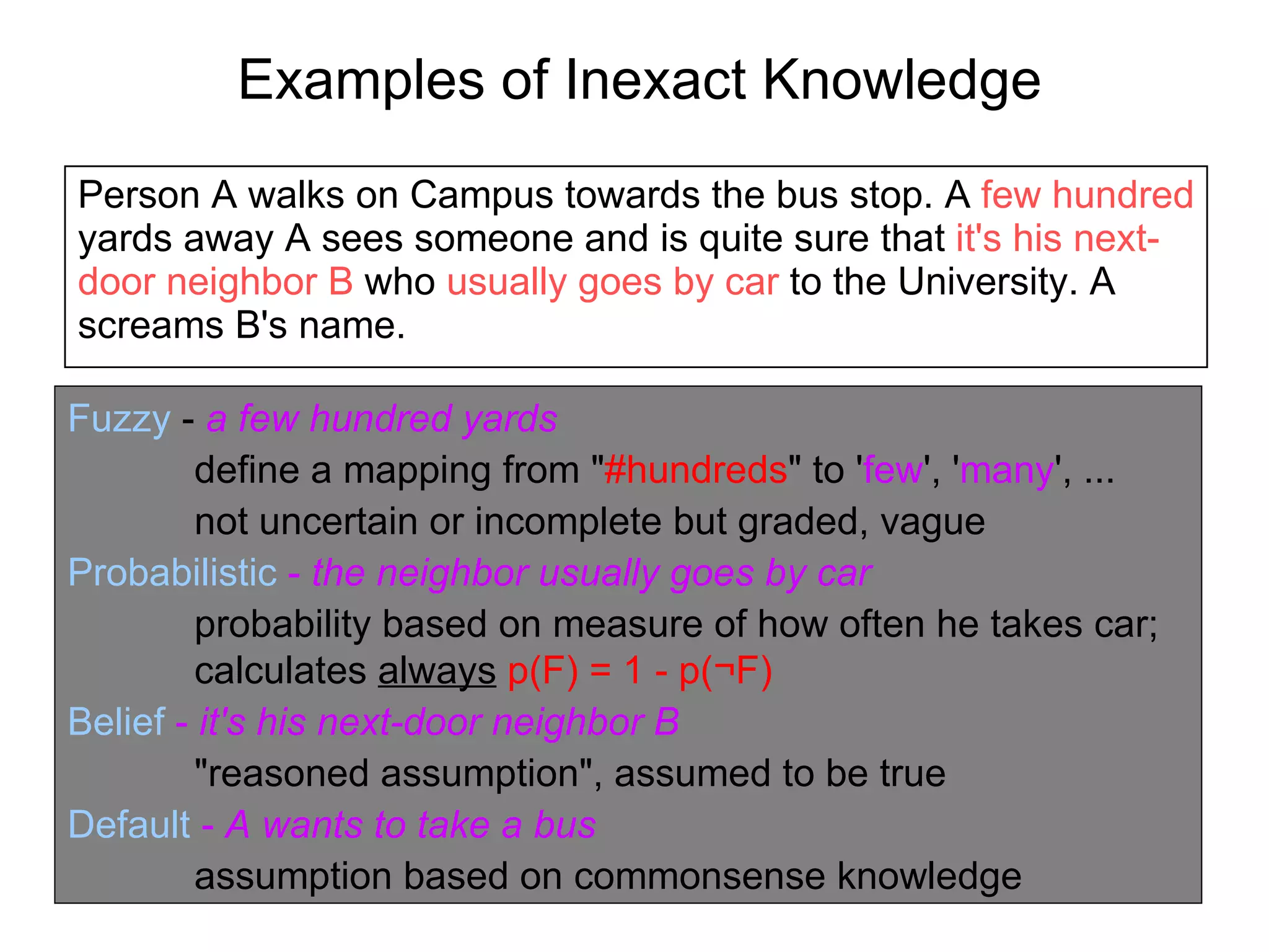 Examples of Inexact Knowledge Person A walks on Campus towards the bus stop. A  few hundred   yards away A sees someone and is quite sure that  it's his next-door neighbor B  who  usually goes by car  to the University. A screams B's name. Fuzzy   -  a few hundred yards define a mapping from " #hundreds " to ' few ', ' many ', ... not uncertain or incomplete but graded, vague Probabilistic   -  the neighbor usually goes by car probability based on measure of how often he takes car;  calculates  always   p(F) = 1 - p( ¬F) Belief   -  it's his next-door neighbor B   "reasoned assumption", assumed to be true Default   -  A wants to take a bus   assumption based on commonsense knowledge 