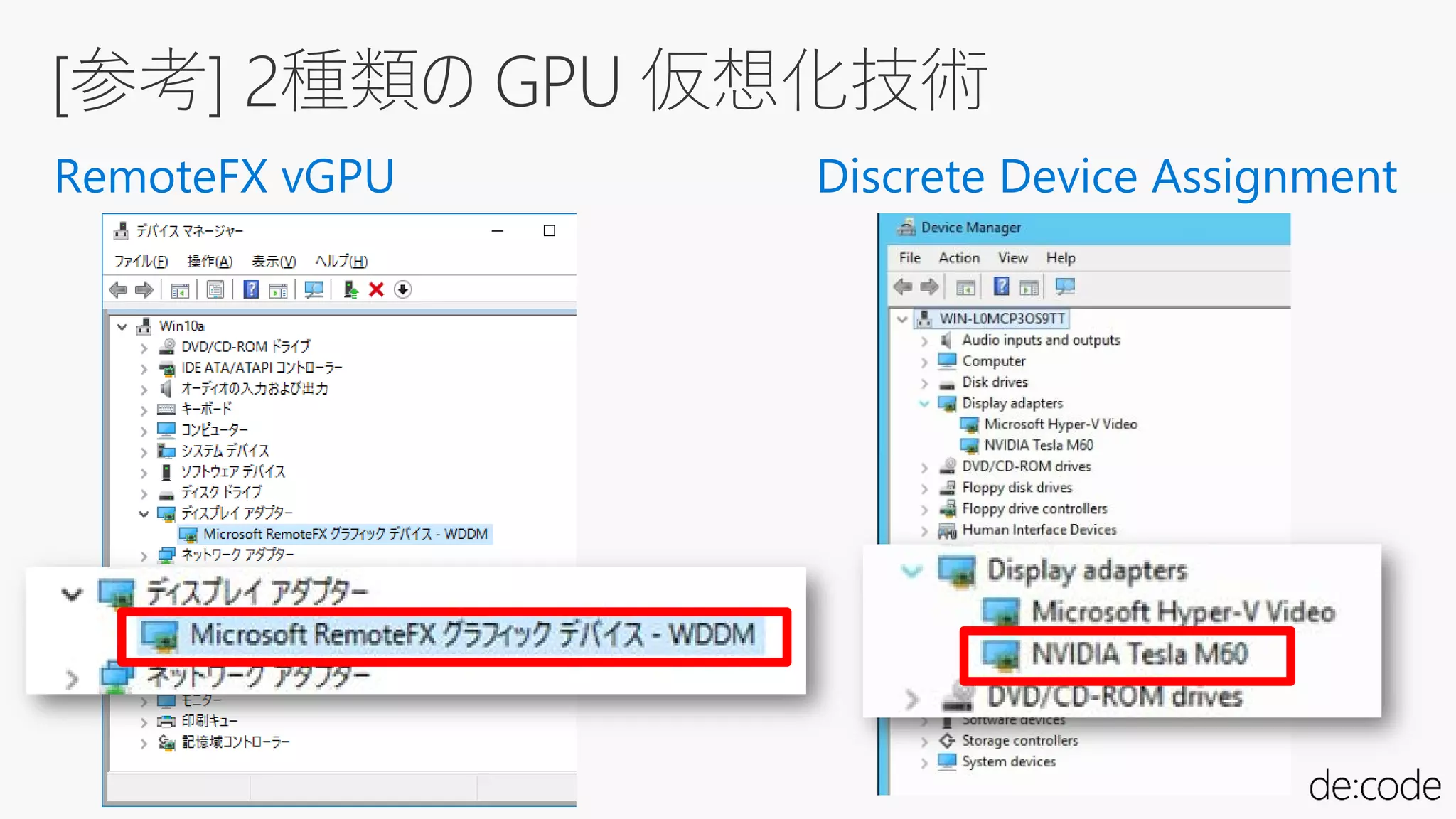 [参考] 2種類の GPU 仮想化技術
Discrete Device AssignmentRemoteFX vGPU
 