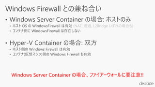 (NAT, 透過, L2Bridge いずれの場合も)
Windows Server Container の場合、ファイアーウォールに要注意!!
 