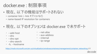 https://msdn.microsoft.com/en-us/virtualization/windowscontainers/management/container_networking より
・ --net-alias
・ --aux-address
・ --internal
・ --ip-range
・ --add-host
・ --dns
・ --dns-opt
・ --dns-search
・ -h, --hostname
 