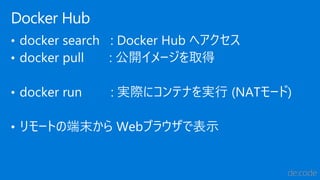 • docker search : Docker Hub へアクセス
• docker pull : 公開イメージを取得
• docker run : 実際にコンテナを実行 (NATモード)
• リモートの端末から Webブラウザで表示
Docker Hub
 
