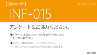 アンケートにご協力ください。
●アンケートに 上記の Session ID のブレイクアウトセッションに
チェックを入れて下さい。
●アンケートはお帰りの際に、受付でご提出ください。
マイクロソフトスペシャルグッズと引換えさせていただきます。
 