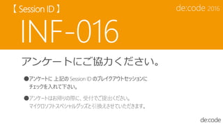 アンケートにご協力ください。
●アンケートに 上記の Session ID のブレイクアウトセッションに
チェックを入れて下さい。
●アンケートはお帰りの際に、受付でご提出ください。
マイクロソフトスペシャルグッズと引換えさせていただきます。
 