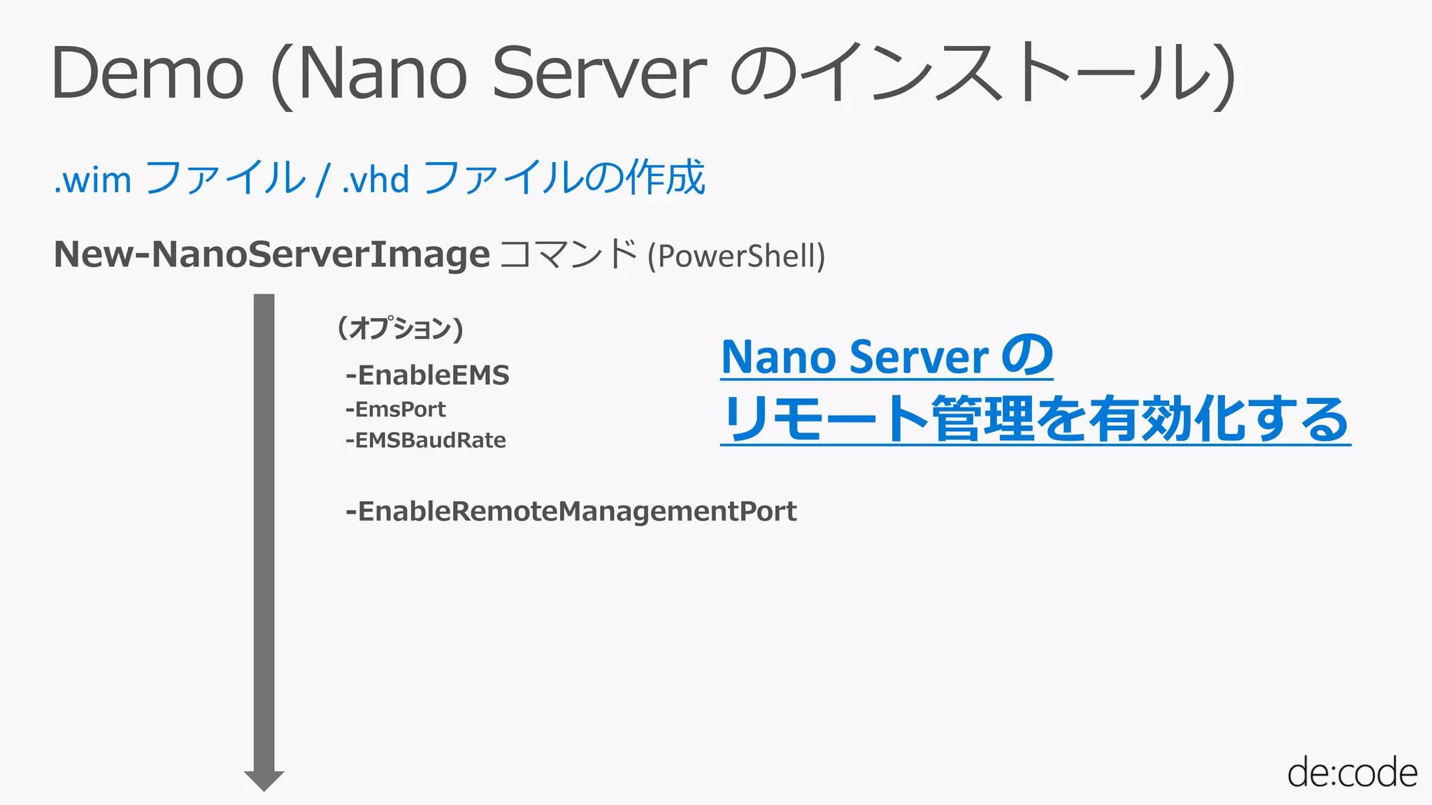 .wim ファイル / .vhd ファイルの作成
Nano Server の
リモート管理を有効化する
 